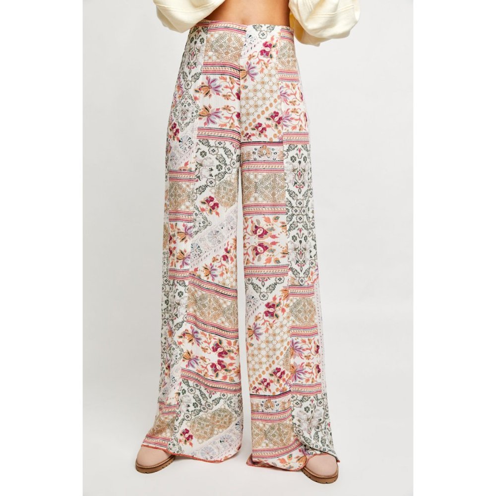 Free People Wide Leg Patchwork Print Pants in White, Pink, Green, Tan